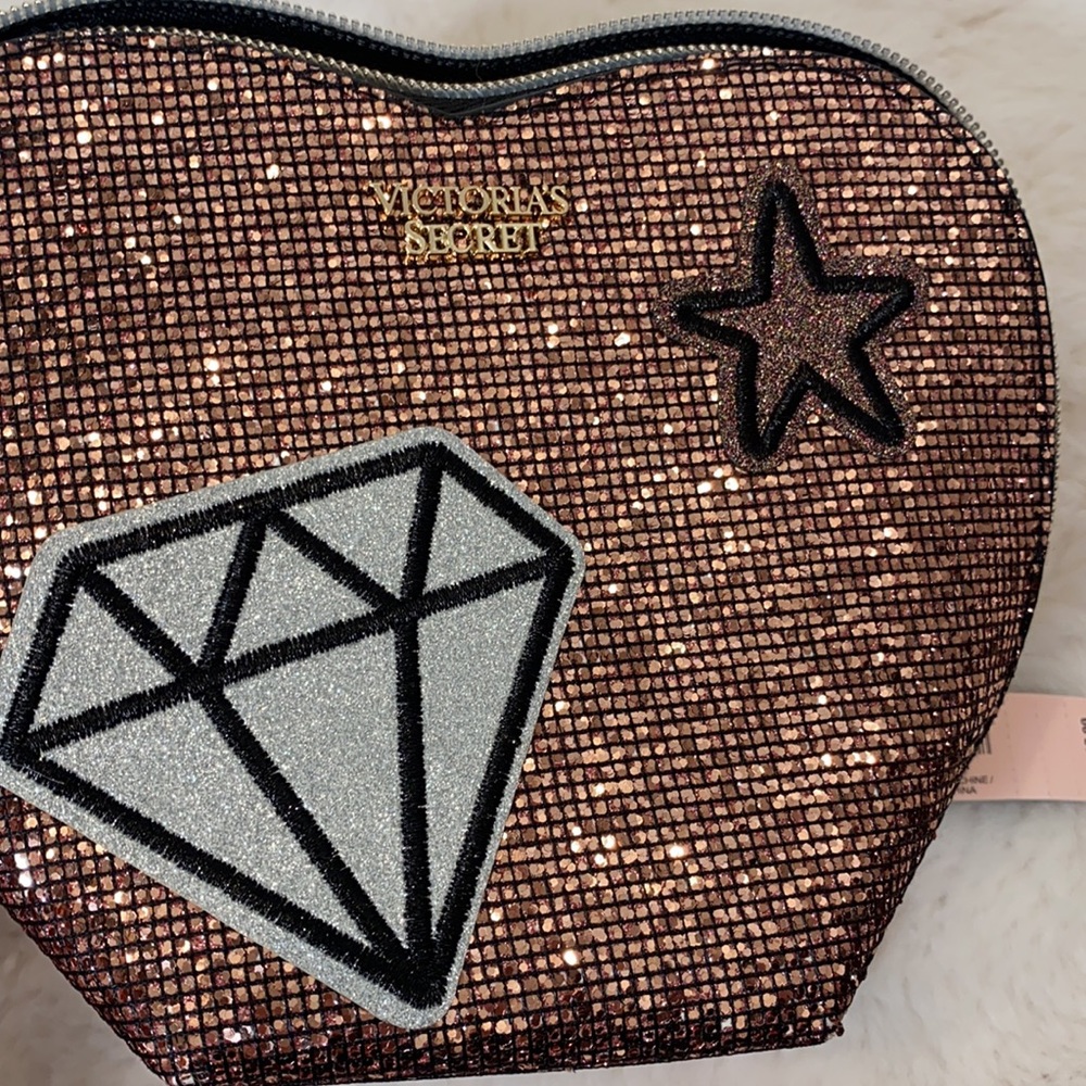 VICTORIAS SECRET PINK GLITTER SEQUIN HEART COSMETIC MAKEUP BAG - Picture 3 of 8